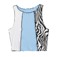 women short tank tops adults contrast color zebra stripe print lettuce trim round neck pullover
