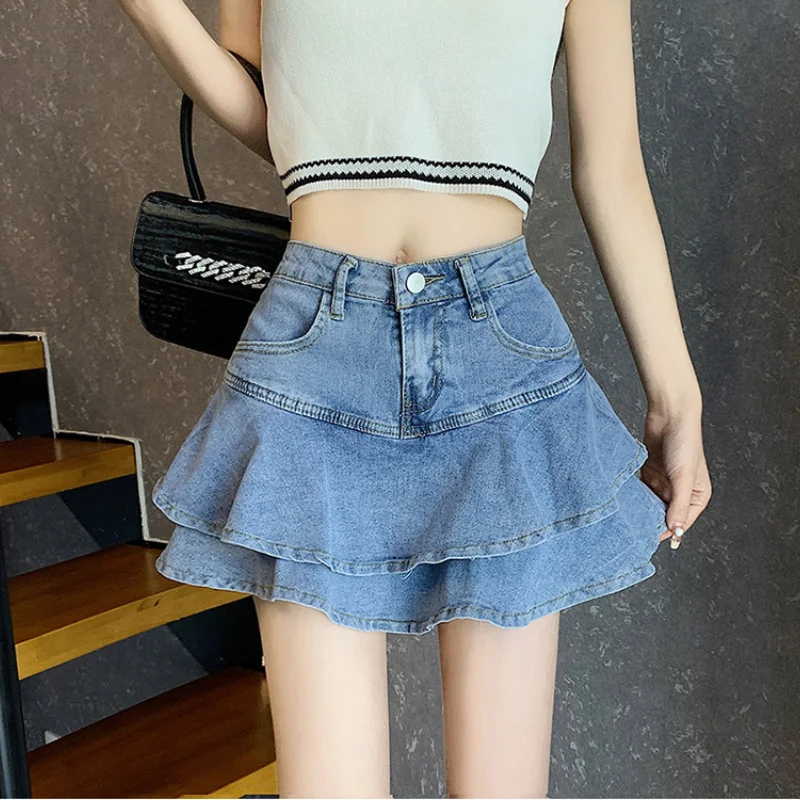 

Kawaii Ruffles Denim Mini Skirt Women Sexy High Waist A Line Jean Skirts Female Summer New Preppy Style Korean Faldas Mujer Y2k