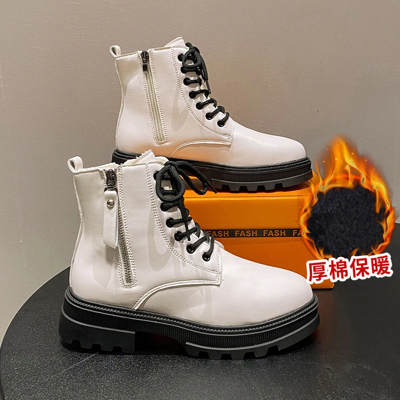 35-40 2022 Autumn Winter Fashion Sports Boots Women Mid-Calf Boots Ladies Non-slip British Style Shoes Zipper PU Leather Boots