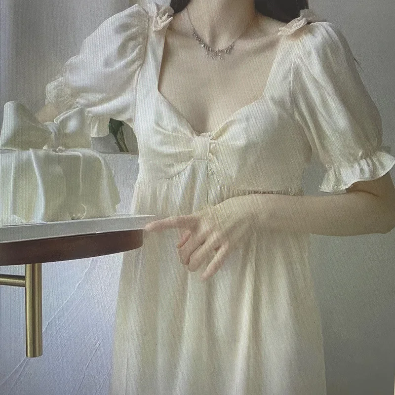 Summer Women's Silk Pajamas Solid Short Sleeve Nightdress with Chest Pad Bow Vintage Nightgown Women Sleepwear Sexy Sleepwear