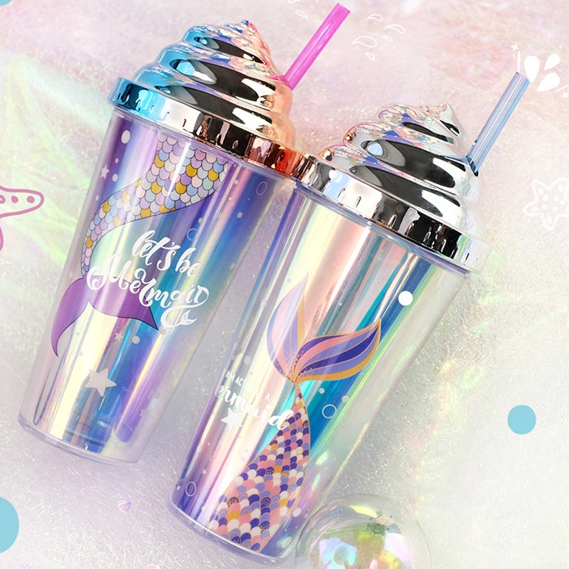 

420ml Water Cup with Straw Double Wall Heat Insulated BPA Free Leak-proof Drinkware Plastic Mermaid Pattern Sippy Cup