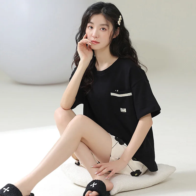 Pajamas Women's Summer Cotton Short-sleeved Shorts In Style Sweet Temperament Girl's Home Service Suit Round Neck Soft Sleepwear