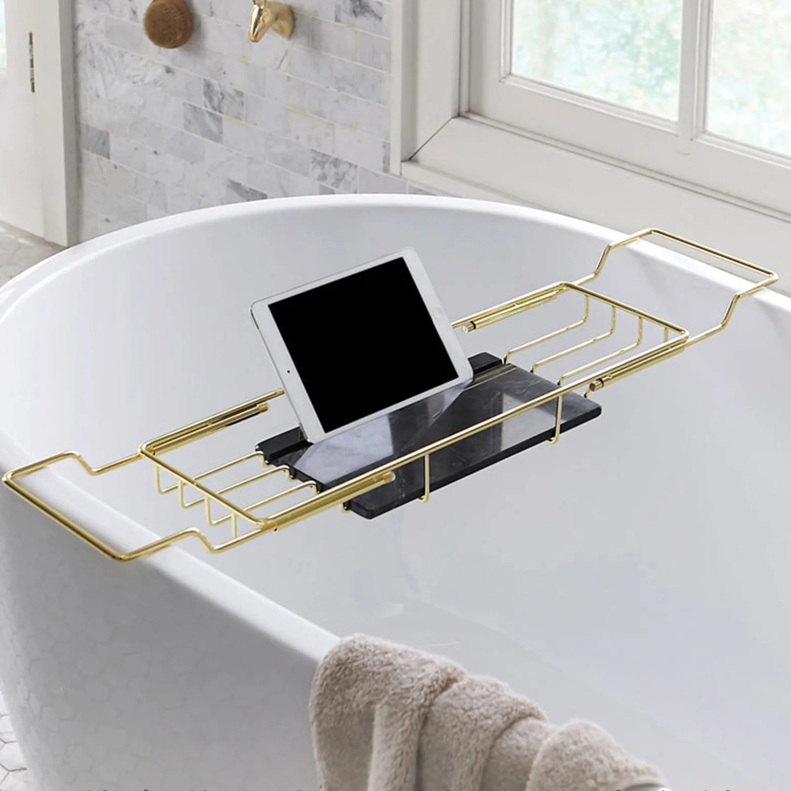 

Stainless Steel Bathtub Caddy Tray Expandable Bath Organizer Luxury Gold Adjustable Bath Shower Tub Racks Bathroom Accessories