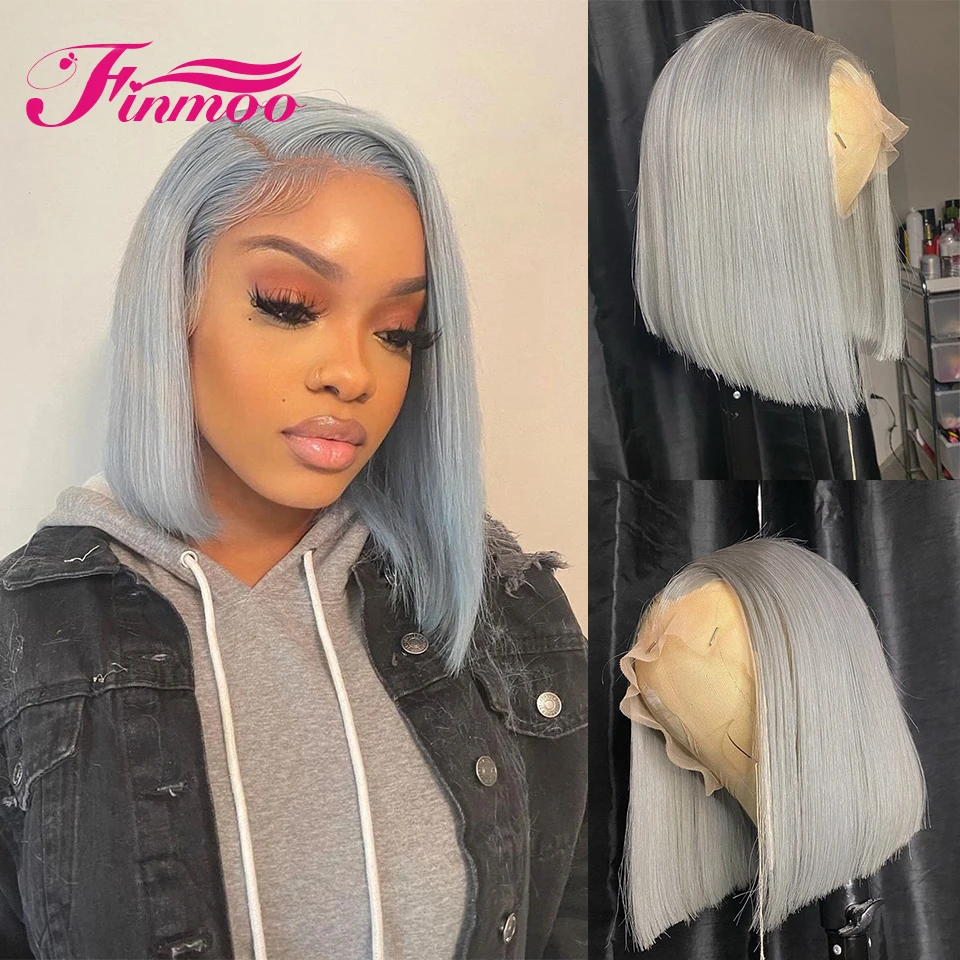 180 Density Silver Grey Short Bob Wig Lace Front Human Hair Wigs For Women Transparent 613 Lace Frontal Wig Gray Frontal Wig
