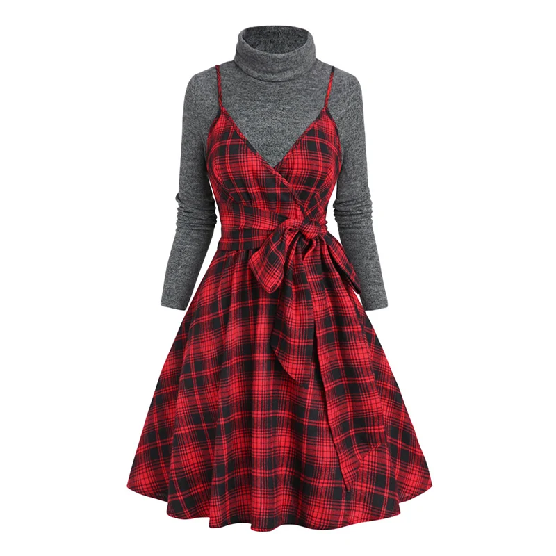 

Fashion Women Heather Mock Neck T Shirt And Plaid Print Surplice Belted High Waisted A Line Mini Dress Set For Winter Spring