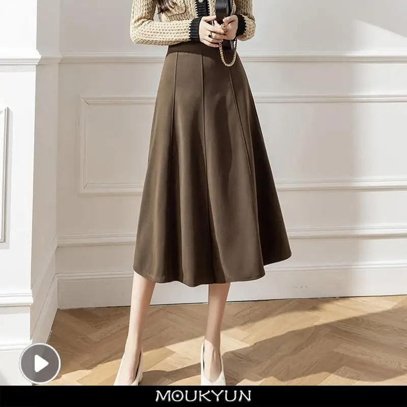 

MOUKYUN Leisure Woolen Skirt Women Mid Length High Waisted A-line Skirts Wool Plated Empire Wiast Mid Calf Skirts Female Faldas