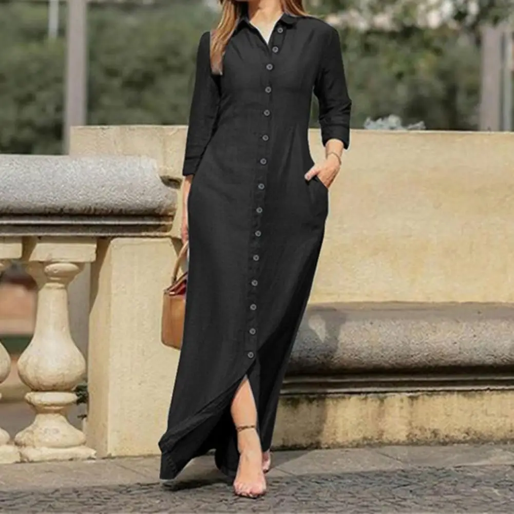 

Women 3/4 Sleeve Maxi Dress Summer Vintage Checkeds Plaid Turn Down Neck Shirt Dresses Button Up Party Vestidos Robe for Work