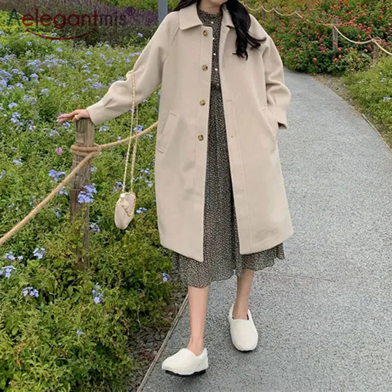 

Aelegantmis Fashion Elegant Long Woolen Coats Women Solid All Match Loose Jacket Coats Female Office Lady Korean Casual Overcoat