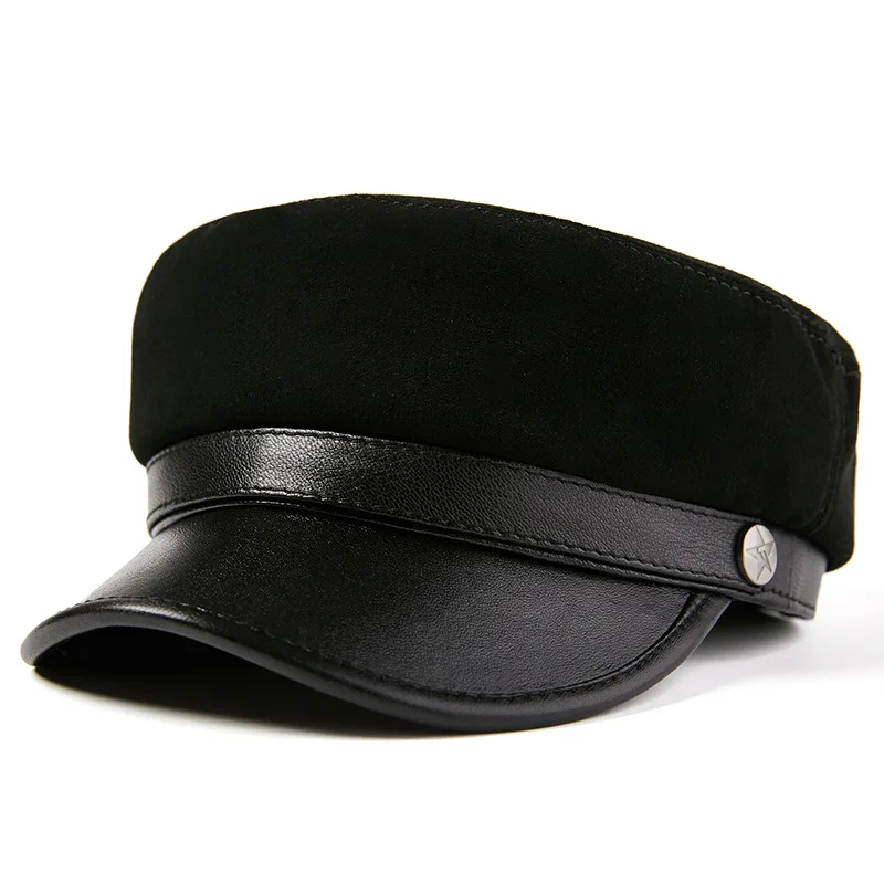 

Military Beret Hats for Women Vintage Genuine Leather Men Navy Cap Sheepskin British Outdoor Travel Flat Peaked Cap Dropshipping