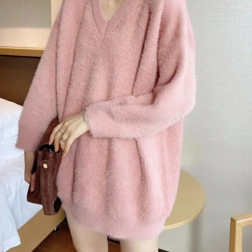 Розовый топ зимняя одежда женская новинка 2023 года пуловеры с v-образным вырезом