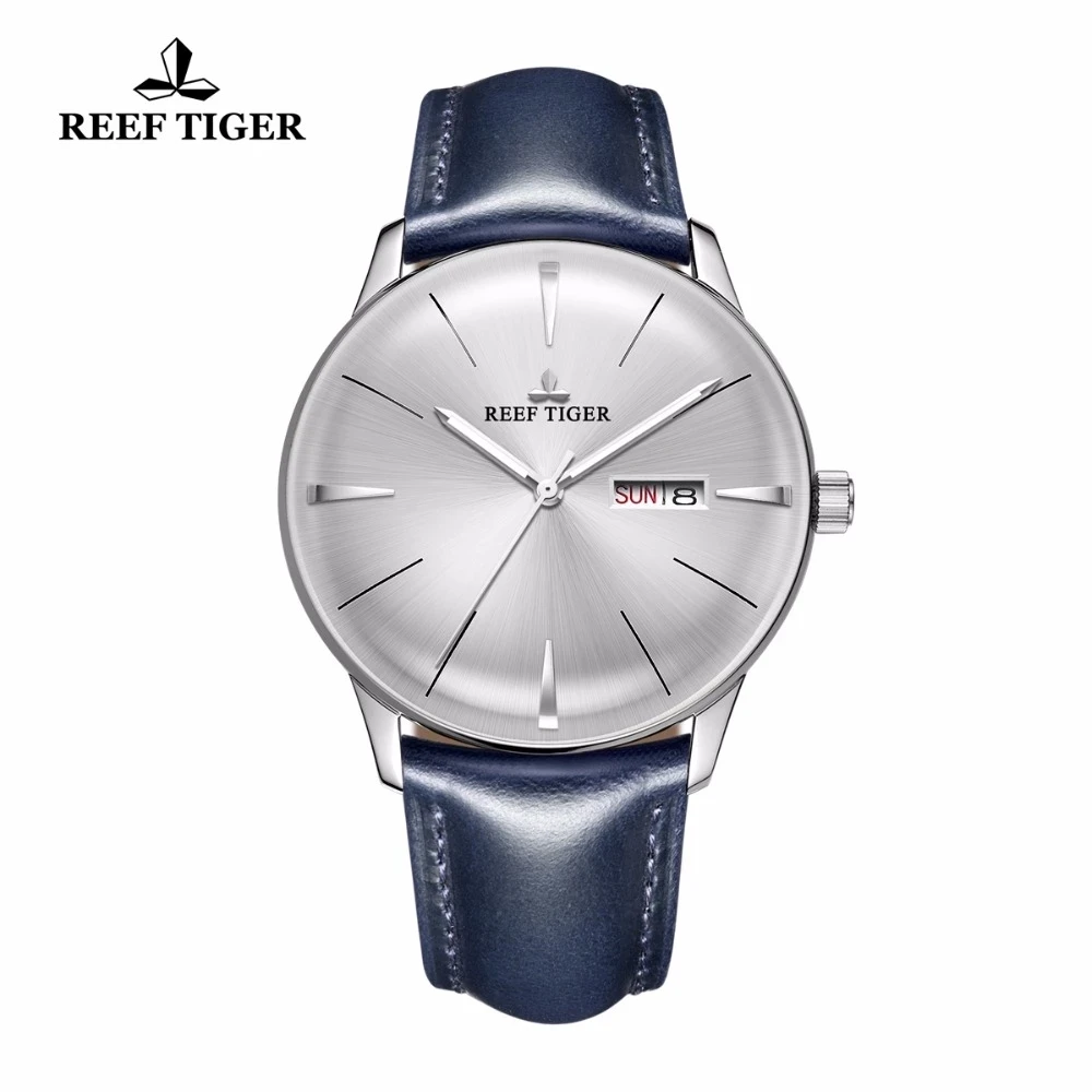 Фото Reef Tiger/RT Новые мужские наручные часы с выпуклой линзой, белым циферблатом, синим кожаным ремешком, автоматические механические часы. №1