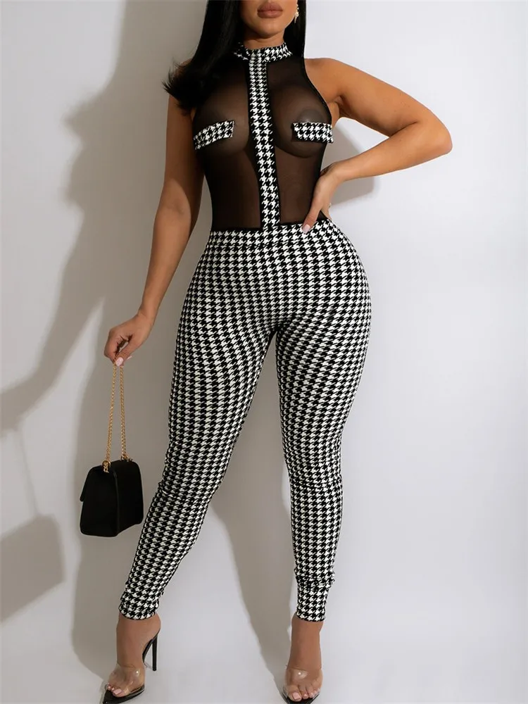 

2022 New One Piece Sets Womens Houndstooth Print Sheer Mesh Sleeveless Jumpsuit Outifits Fashion Tracksuits Casual Elegant Femal