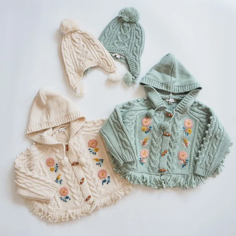 

Spring Autumn Kids Girls Sweater Hooded Coat Flower Baby Girl Solid Color Knite Cardigan Hooded Sweater Coat for Kids Clothes