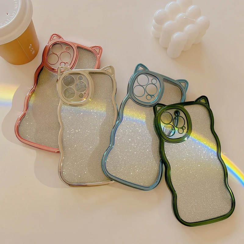

3D Cute Candy Color Electroplated Wave Frame Glitter Cat Ear Phone Case For 13 12 11 Pro Xs Max Xr X 7 8 Puls Shockproof Cover