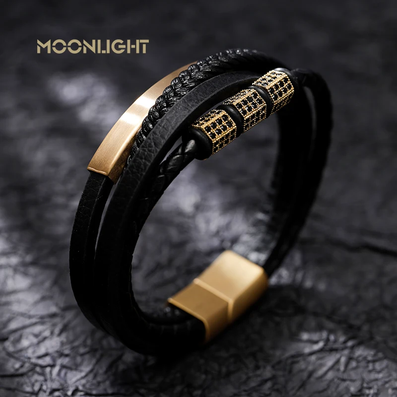 Luxury Stainless Steel Beaded Bracelet Fashion Men's Jewelry Classic Multilayer Braided Leather Bracelet Homme New Year Men Gift