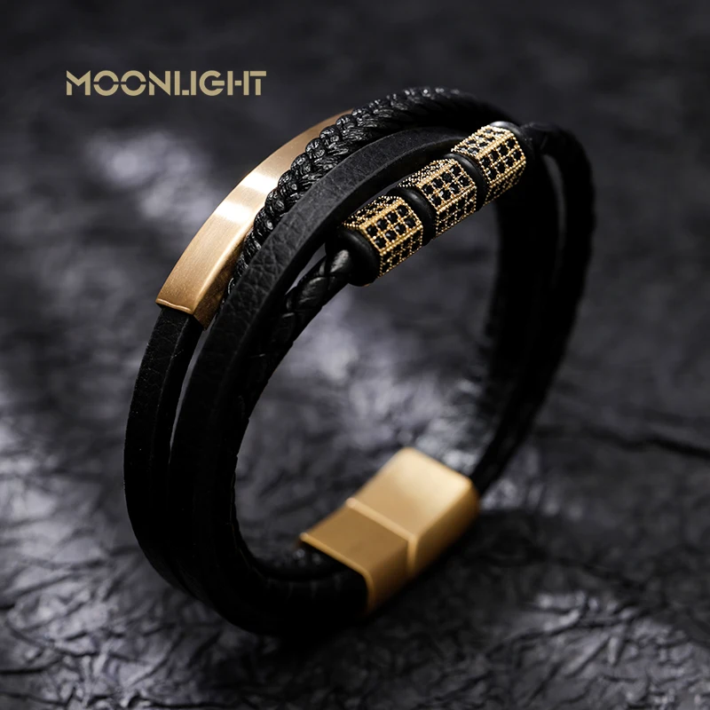 

Luxury Stainless Steel Beaded Bracelet Fashion Men's Jewelry Classic Multilayer Braided Leather Bracelet Homme New Year Men Gift