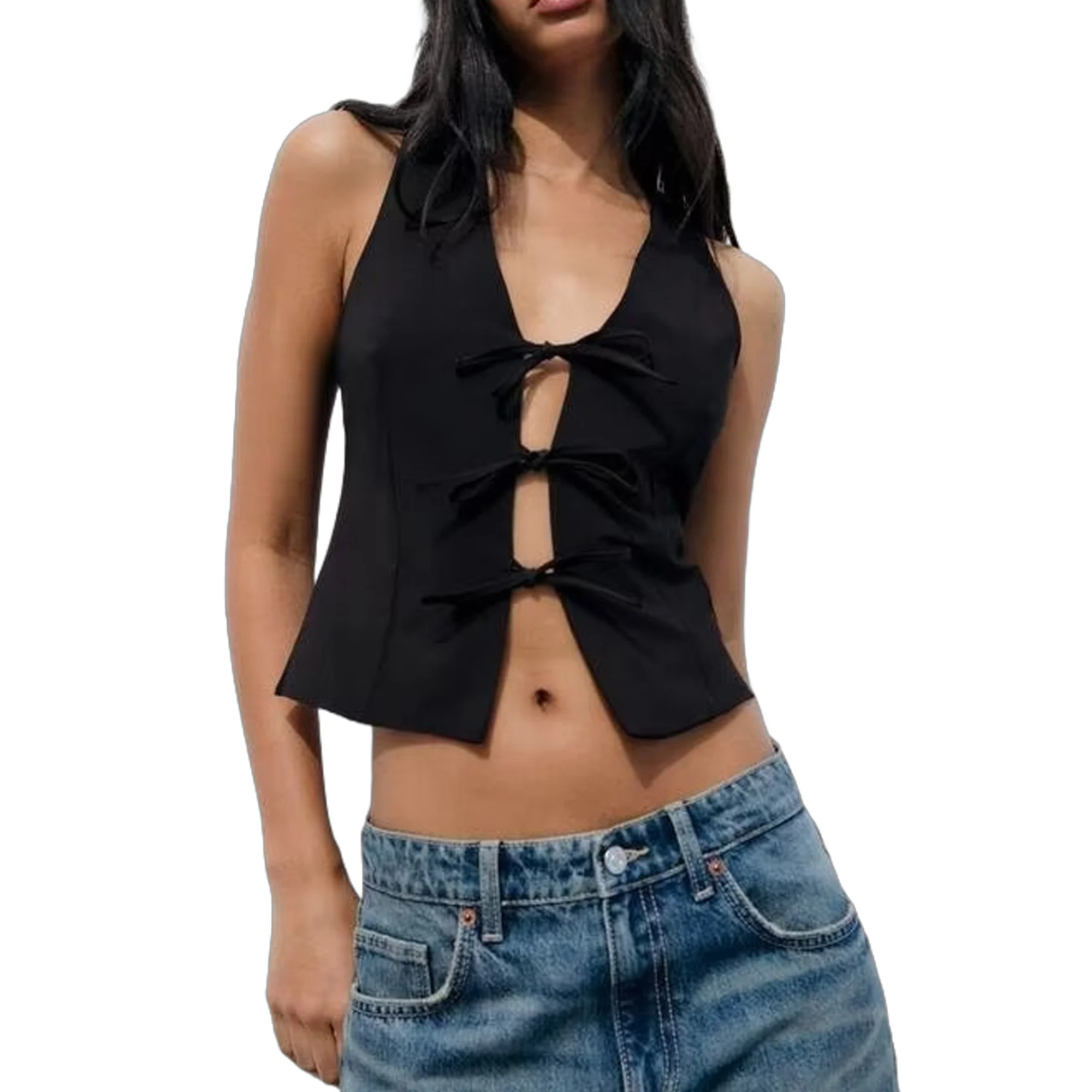 Женский жилет с V-образным вырезом и галстуком-бабочкой