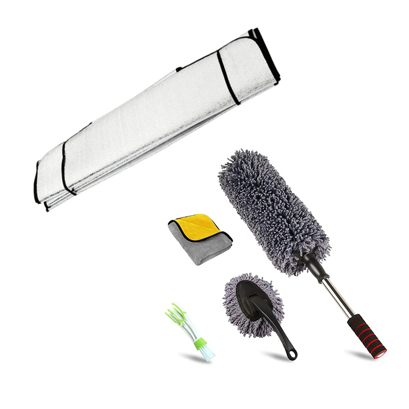 

1Pcs Car Foldable Windshield Sunshade Front And Rear Window Sun Shade Silver 140 X 70Cm & 1 Set Car Duster Kit,Extendable Microf