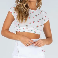 summer floral printed crop tops with bandage women casual o neck y2k t shirts all match slim simple tees sweet cute streetwear