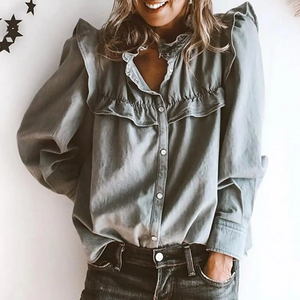 

Denim Women Blouse Doll Collar Ruffles Long Sleeves Single-breasted Comfortable Autumn Spring Fashion Blouse Female Clothing