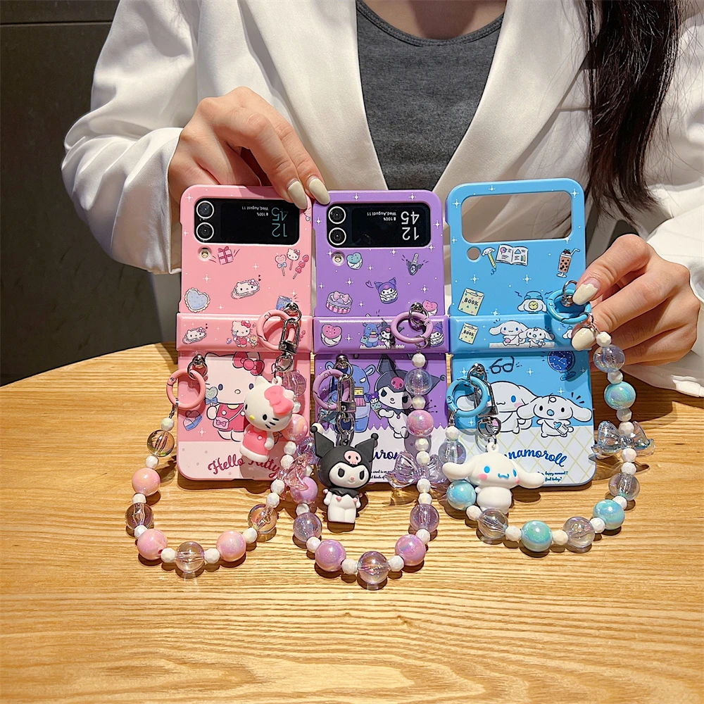 

Sanrio Pink Hello Kitty Kuromi Bracelet Phone Case for Samsung Galaxy Z Flip 3 Hard PC Back forZ Flip 4 Case Protective Shell
