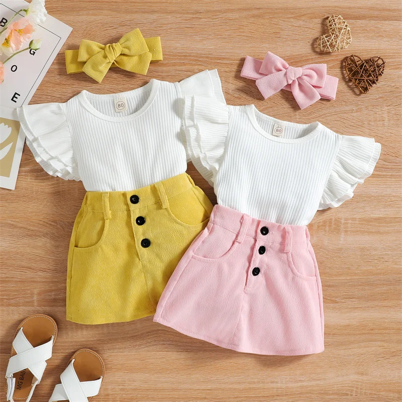 3 шт. детский летний комплект из юбки и топа с коротким рукавом оборками |