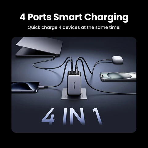 UGREEN 65 Вт GaN Зарядное устройство 4 порта USB C Быстрое зарядное устройство Quick Charge 3.0 PD 3.0 Для Macbook Air Ноутбуки Планшет iPhone 16 15 14 Pro Max