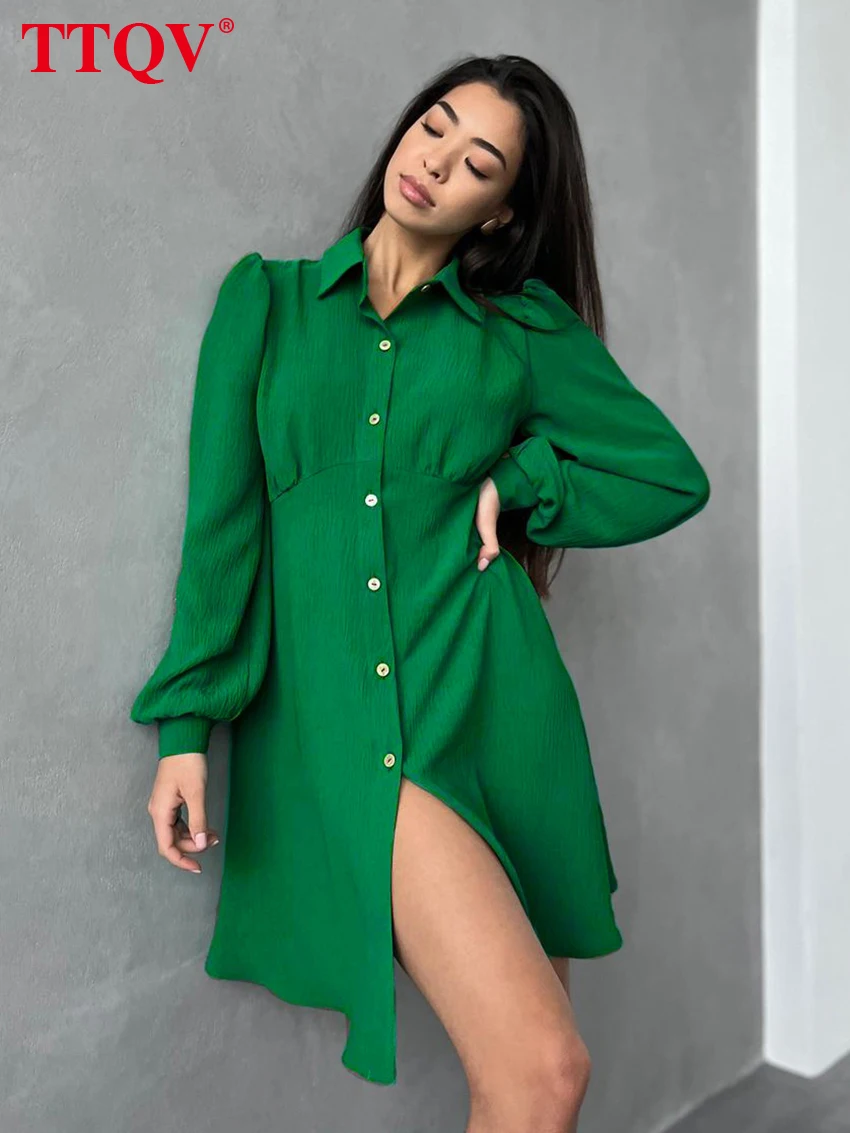 Модное зеленое мини-платье с отложным воротником TTQV повседневное однобортное