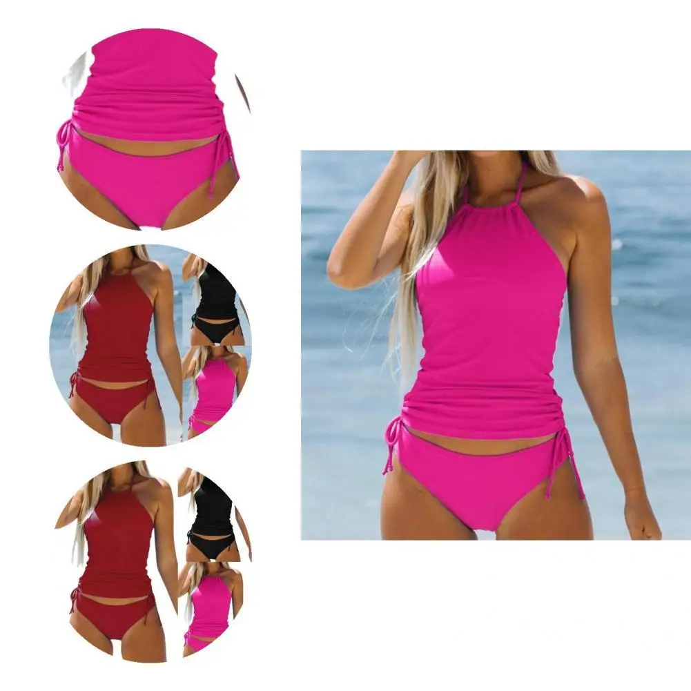 2Pcs/Set Stylish Tankini Set Halter Female Split Bikini Skinny Wireless Swimsuit