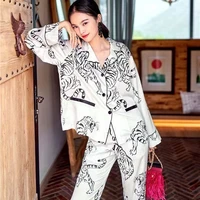 tiger printed womens pajamas set silk satin loungewear sleepwear for women 2 pieces long sleeve pants homewear 2022 spring new