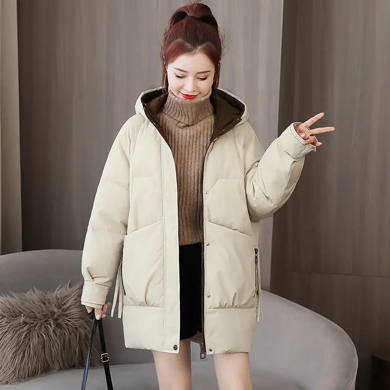 Down Cotton Jacket Women's Medium Length Winter 2023 New Korean Version Loose Thickened Cotton Jackets Casual Hooded Coat Female