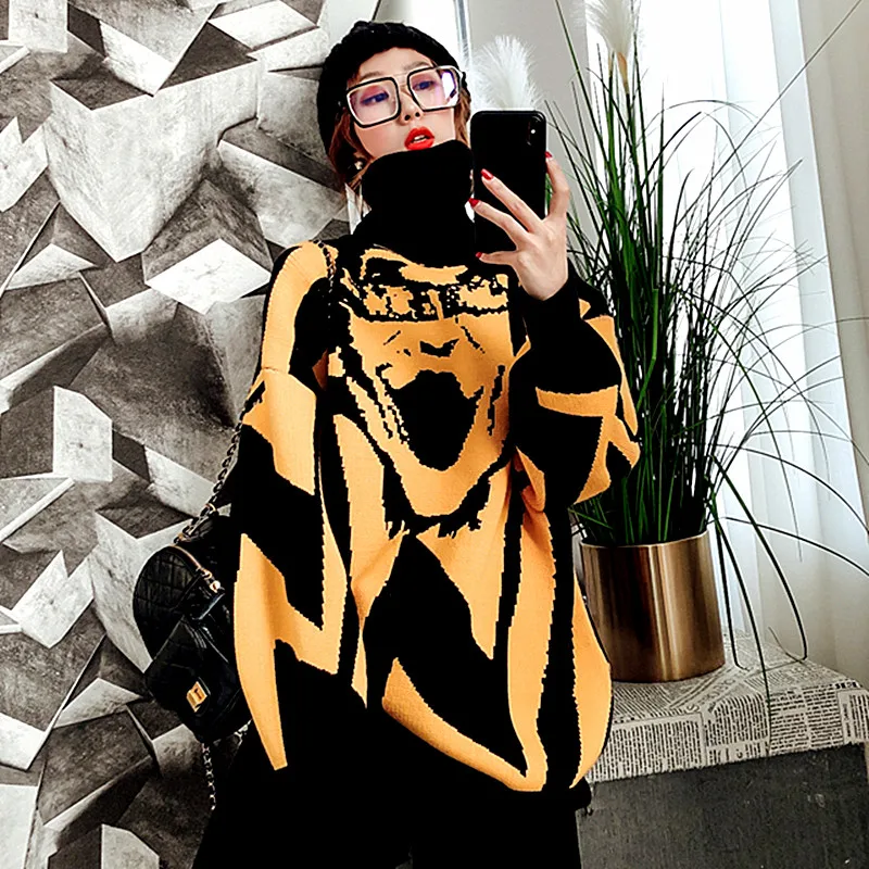 

High Street New Autumn Fashion Winter Women Sweater Turtleneck Good Quality Knitted Sweater Cool Loose Ladies Pullovers NS104