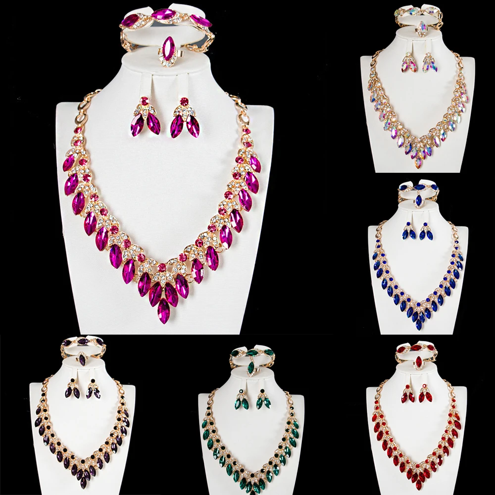 

4 шт. индейский массивный чокер в форме капли воды с кристаллами для невесты женские серьги браслет ожерелье кольца серьги набор ювелирных и...