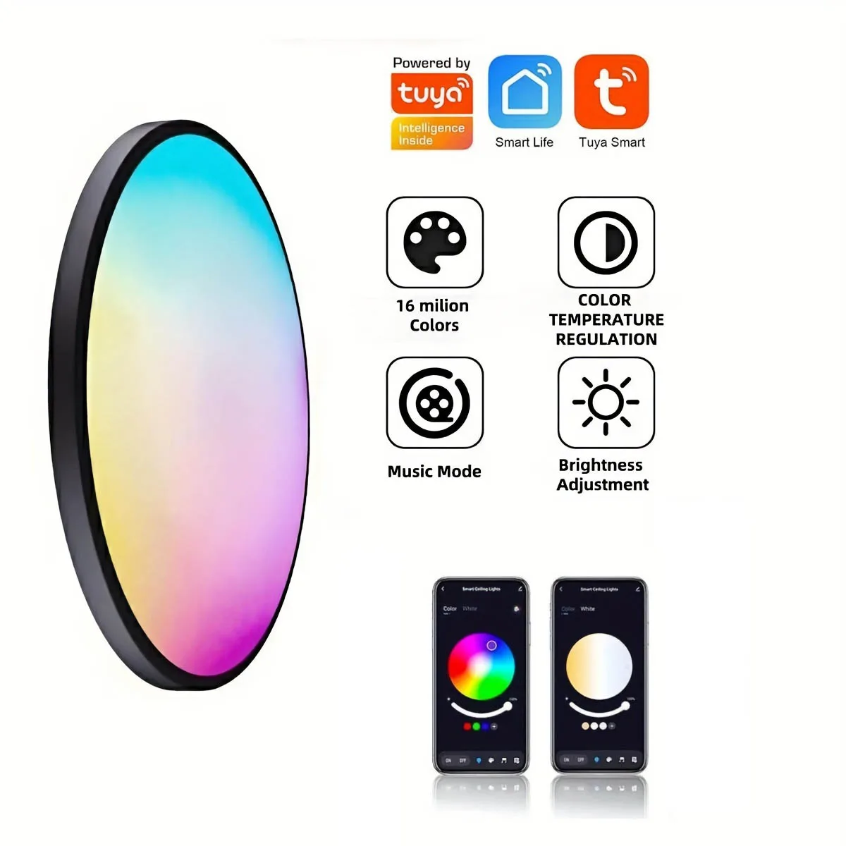 Умные светодиодные потолочные светильники Tuya RGBCW Round Smart WIFI APP с регулируемой