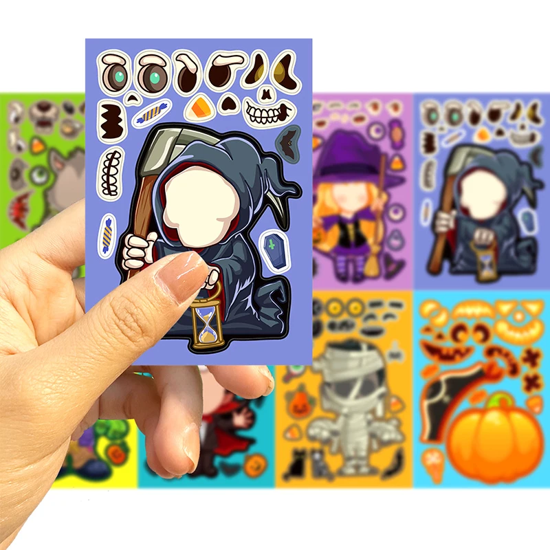 

8Pcs Halloween Make a Face Puzzle Graffiti Sticker Guitar Suitcase Laptop Decal DIY Diary Phone Notebook Album Fridge Sticker
