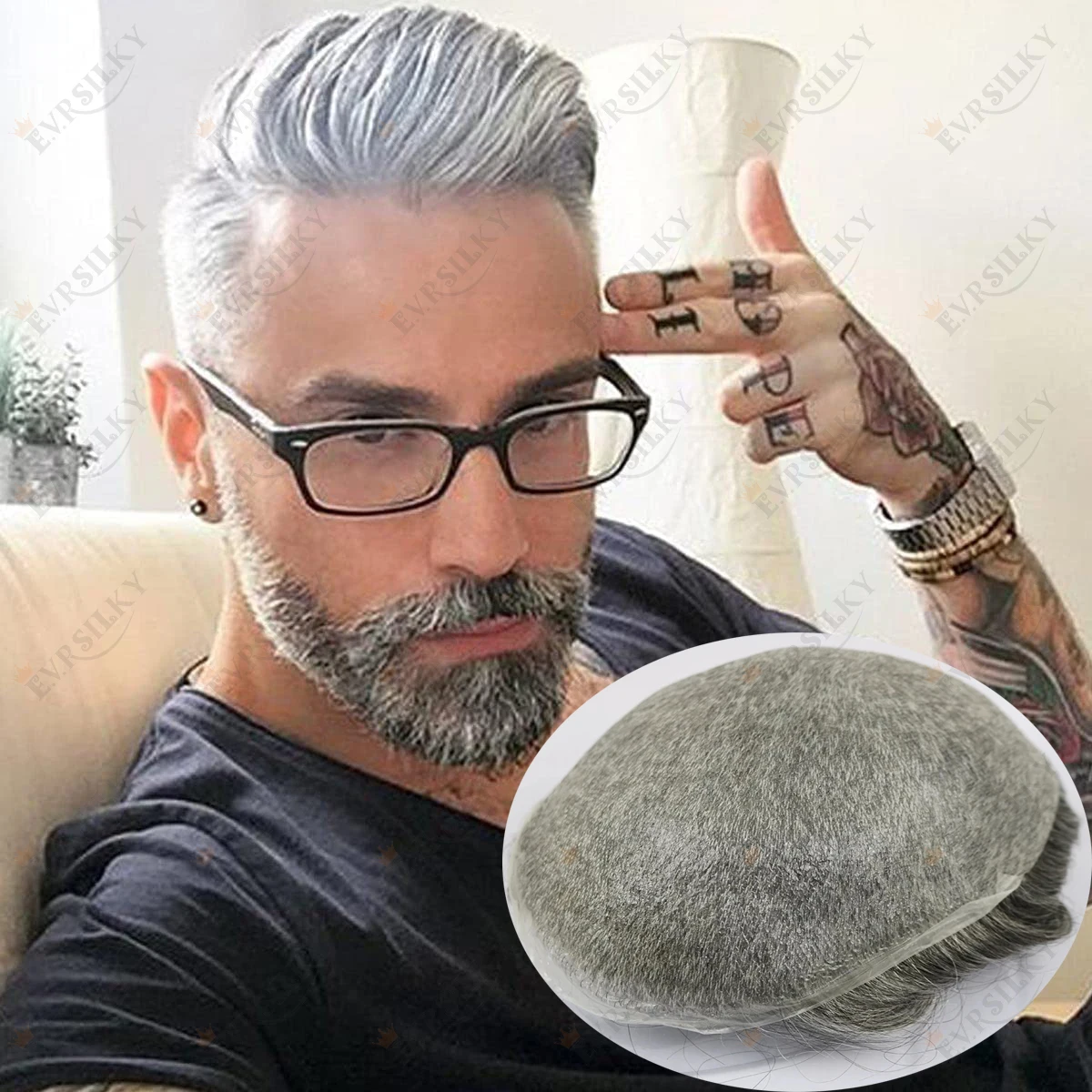 

1B Mixed Grey Human Hair Durable Thin Skin Toupee Wave Men's Wig For Men Full Transparent Vlooped Replacement System Indian Remy