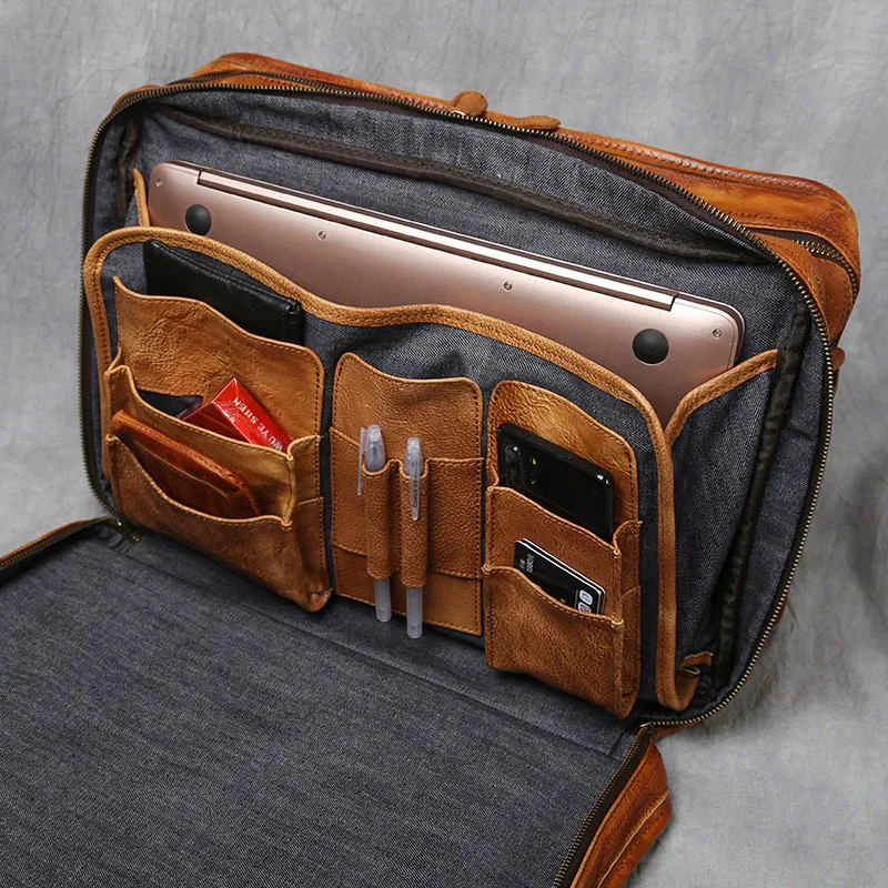 Retro business genuine leather men's high-capacity briefcase work multi-compartment handbag real cowhide shoulder messenger bag