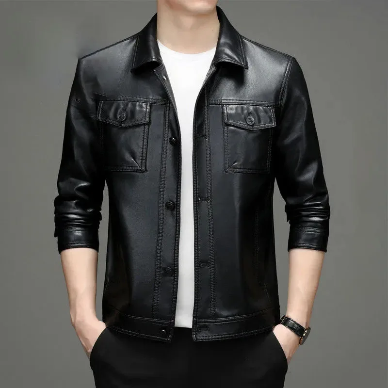 Мужская повседневная куртка из натуральной кожи однобортное короткое пальто с