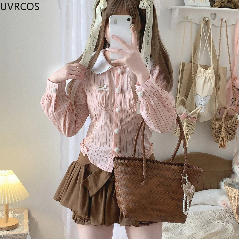 Женская полосатая блузка в японском стиле кружевная Питер Пэн с воротником