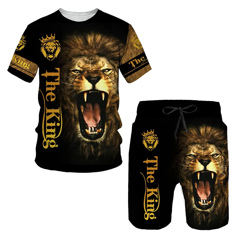 Leisure Lion Pattern Printing Men's T Shirt Loose O-neck Short Sleeve Tops Casual Comfortable Shorts 2 Piece Outfit Men Clothin