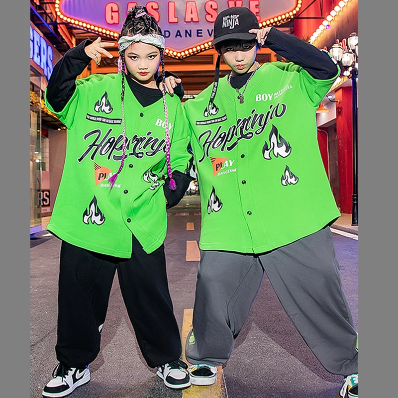 

Kids Jazz Modern Dance Rave Clothes Green Loose Jacket Cargo Pants Baseball Costumes Boys Girls Hip Hop Dance Clothes DQS11221