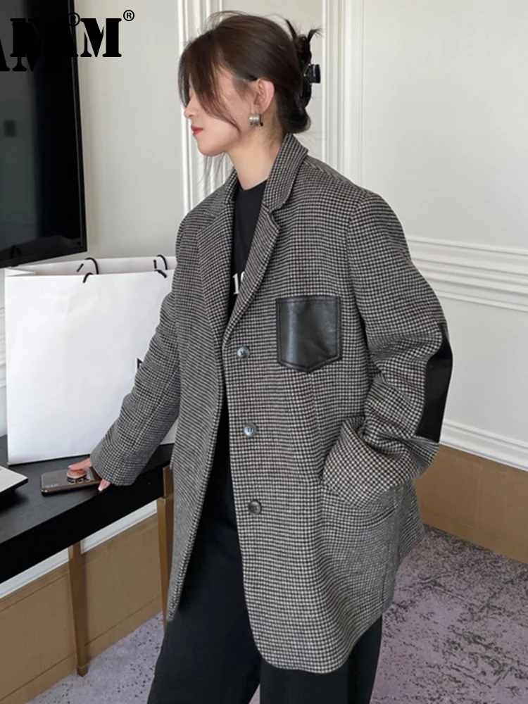 

[EAM] Loose Fit Gray Plaid Leather Big Size Wam Woolen Coat Parkas New Long Sleeve Women Fashion Tide Autumn Winter 2022 1DE4422