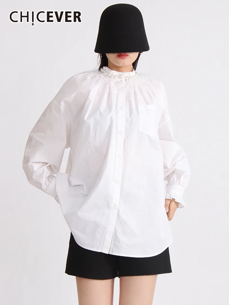 

CHICEVER Casual Loose Solid Shirts For Women Round Neck Lantern Sleeve Single Breasted Patchwork Embroidered Flares Shirt Female