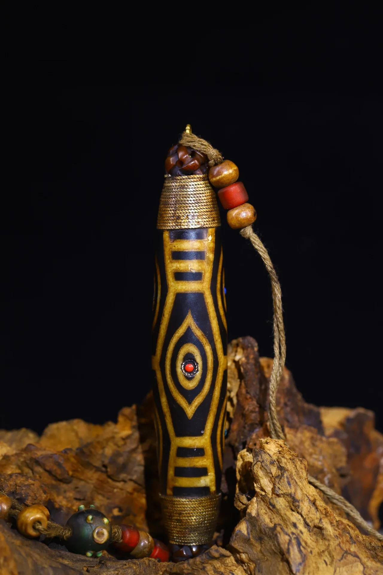 

5"Tibet Temple Collection Old Natural Agate mosaic Gem Dzi Bead gZi Beads Pendant Amulet Dharma Worship Hall Town house