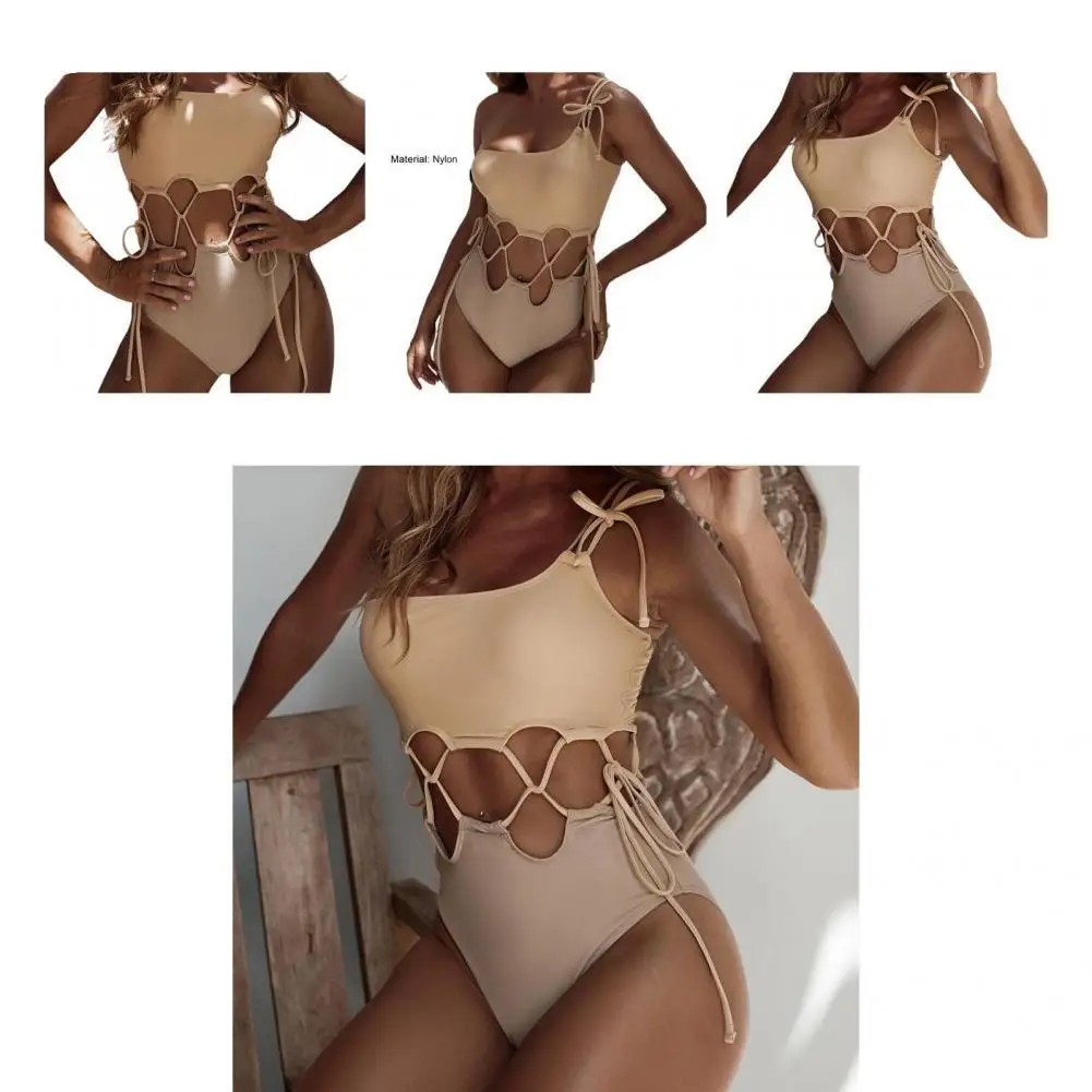 

Anti-pilling Fashion Waist Lace Up Bathing Suit Monokini High Cut Bodysuit Swimsuit Wireless for Beach
