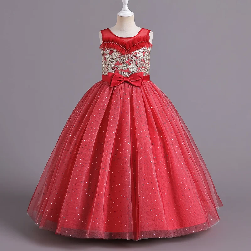 

6623 Girls' Evening Dresses Sequin Fluffy Long Princess Skirts Sweetly Bowed Back Mesh Performance Flower Host Piano