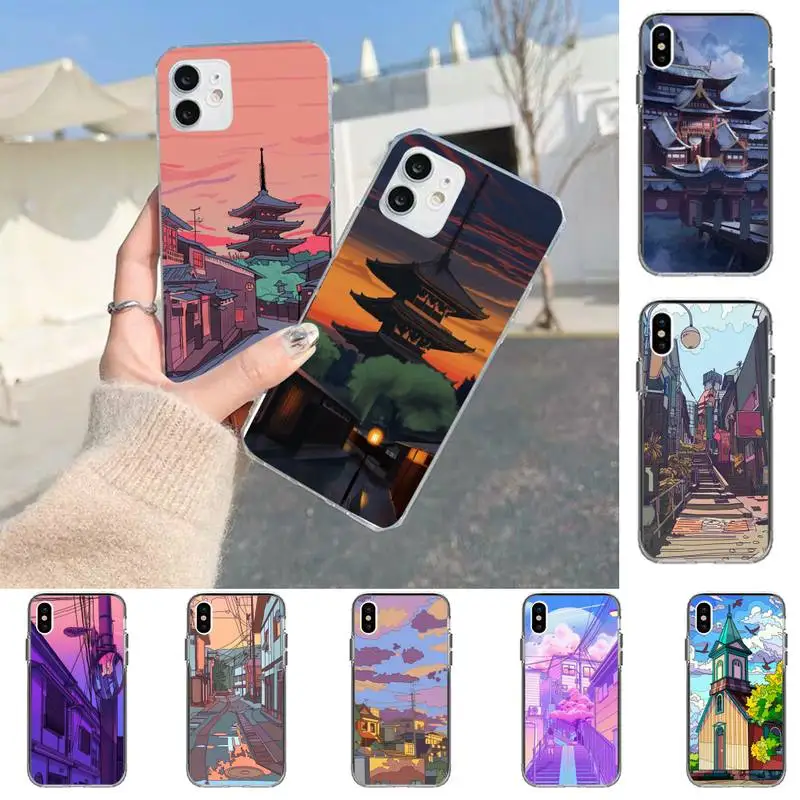 

Japanese Hand Painted House scenery Phone Case for iPhone 11 12 13 Mini Pro Max 8 7 6 6S Plus X 5 SE 2020 XR XS Case shell