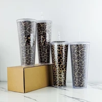 new 24oz venti 710ml leopard series studded grid cold cup tumbler for holiday gift with straw and lid