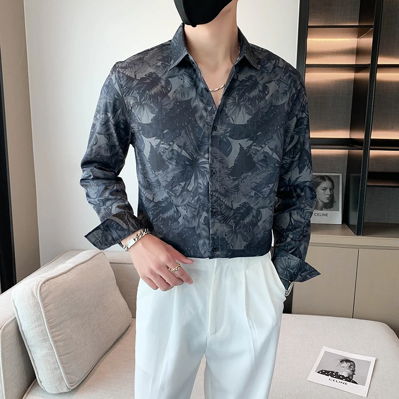 Vintage Flower Shirts Men Autumn Long Sleeve Loose Casual Business Dress Shirt Social Party Tuxedo Streetwear Camisa Masculina