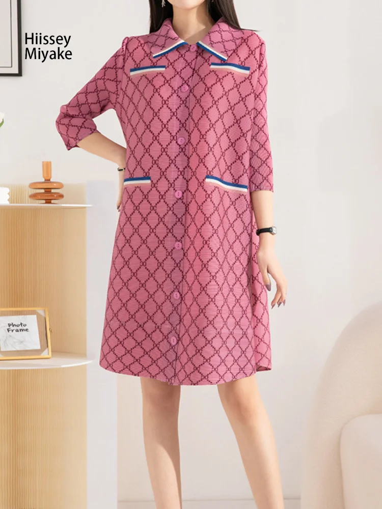 

HiIssey Miyake 2023 Fashion Design Sspring Women Print Pleated Single-breasted Lapel Loose Type Outdoor Casual Chiffon Dresses